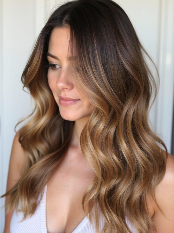 Honey Brown Balayage: Root Melt Technique