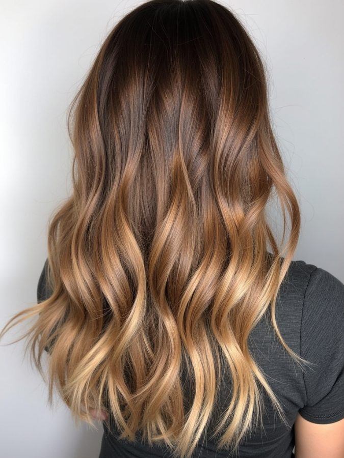 Honey Brown Balayage: Wavy Lob Haircut