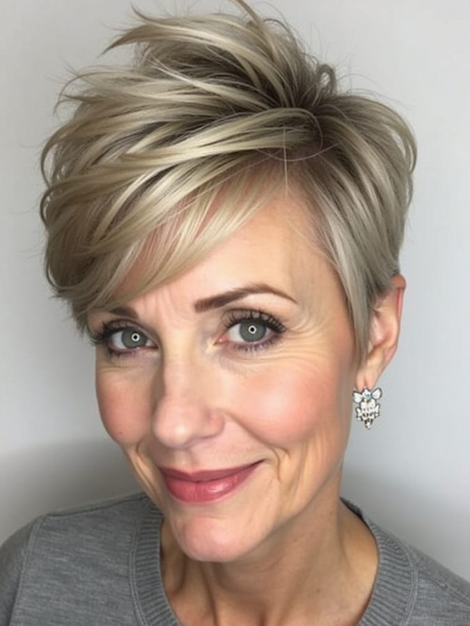 Hairstyles For Thin Fine Hair Over 60: The Pixie with Side-Swept Bangs