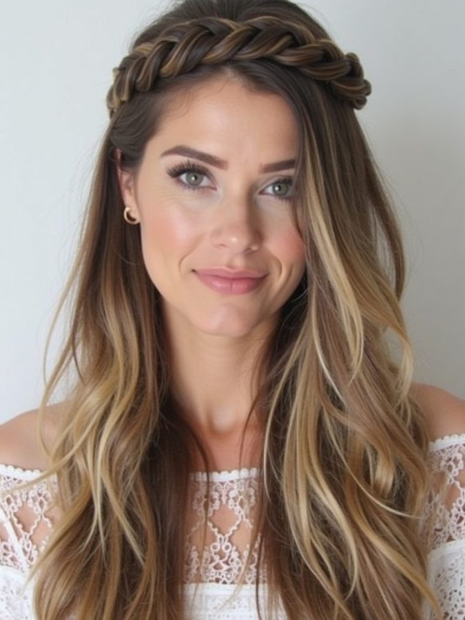 Long Haircut Ideas with a Braided Crown and Loose Waves