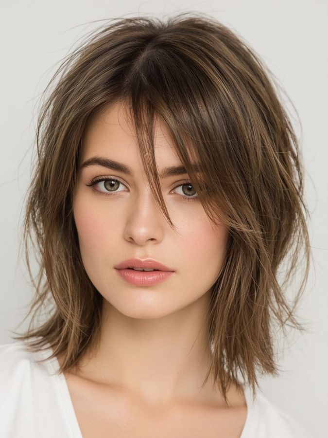  Shouler Length Hairstyle For Thin Hair Fine: Choppy Layers with Side Swept Bangs