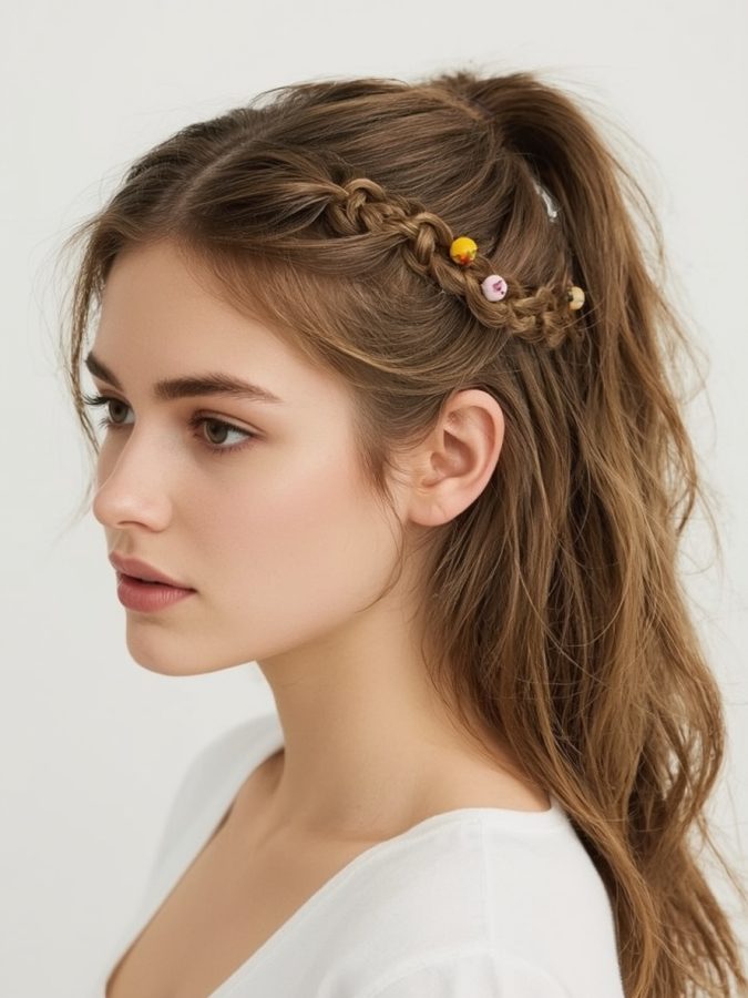 Hair Wrap Designs : Low Bun with Wrap, Fabric, and Bead Details