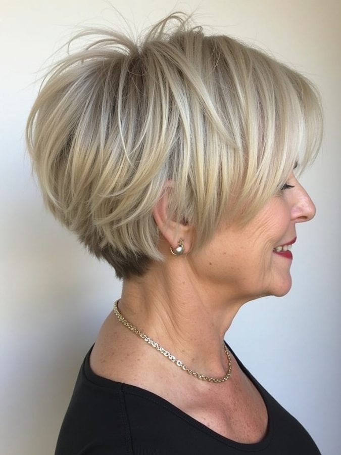 Hairstyles For Thin Hair Fine Over 50: Stacked Bob with Highlights