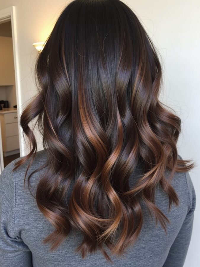 Hair Color Ideas For Brunettes: Dark Brown with Caramel and Blonde Highlights
