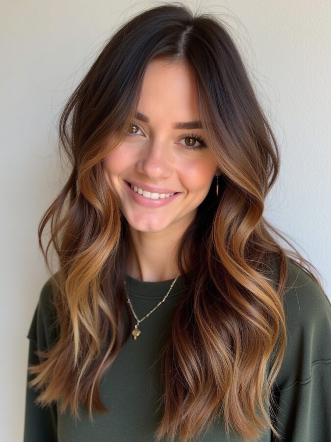 Hair Color Ideas For Brunettes: Dark Brown with Caramel and Blonde Highlights