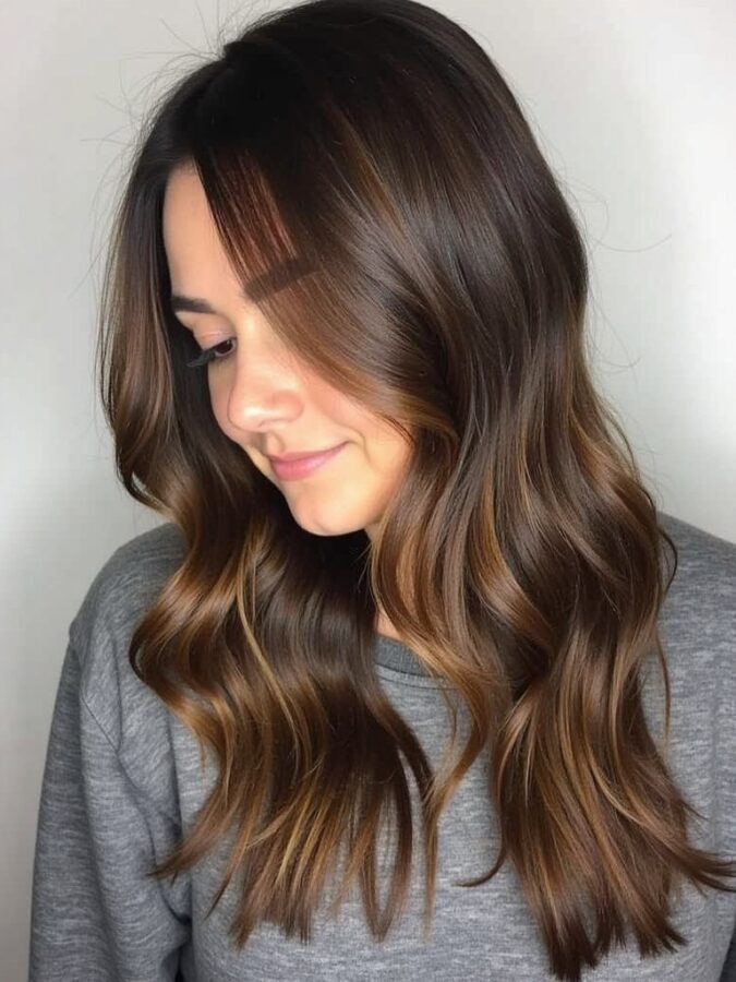 Hair Color Ideas For Brunettes: Chocolate brown with caramel money piece