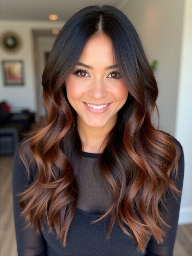 Dark Caramel Balayage with Face-Framing Layers